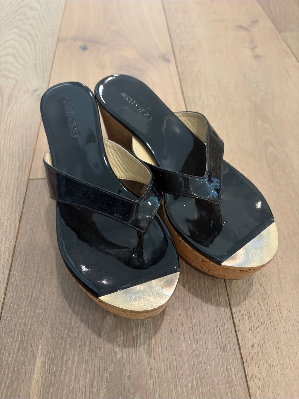 Jimmy Choo Black Patent Cork Wedge Thong Sandals with Gold Toe